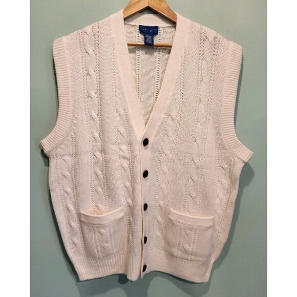 Towncraft Other - Vtg Mens Ivory Cableknit Button Up Sweater Vest Pockets Grandpa Sz XL